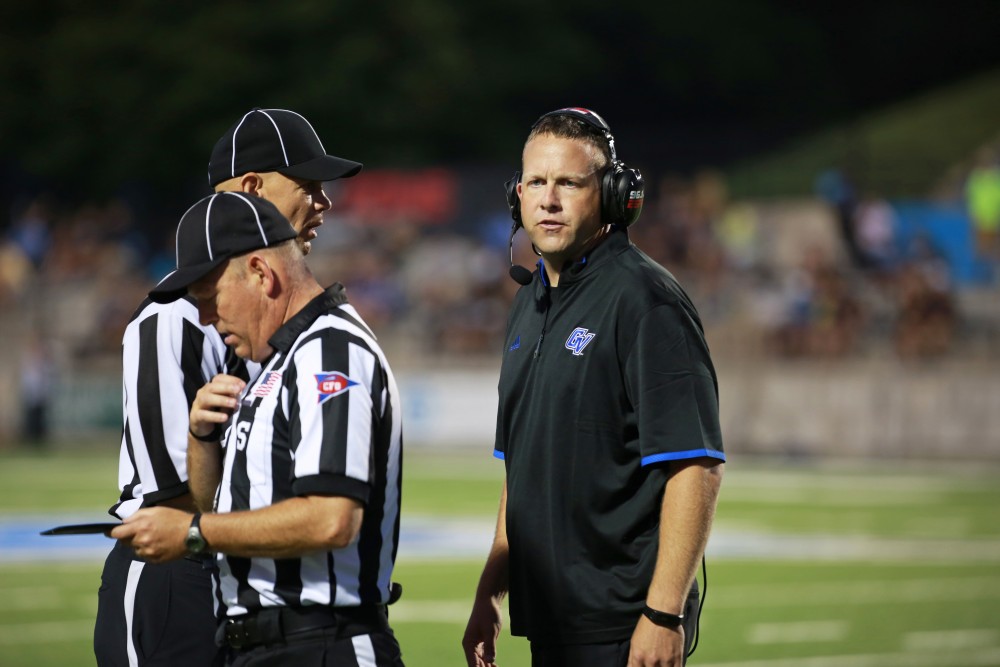 GVL / Kevin Sielaff 
Head coach Matt Mitchell exchanges words with a referee. Grand Valley State squares off against Southwest Baptist Thursday, September 3rd, 2015 at Lubbers Stadium. 