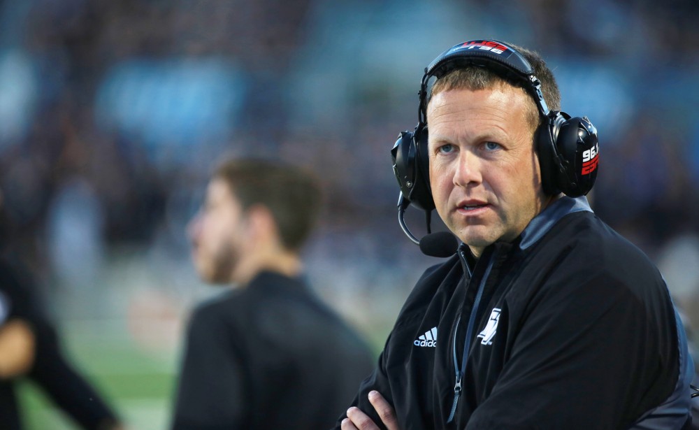 GVL / Kevin Sielaff     Head coach Matt Mitchell looks on toward the play. Grand Valley State University squares off against Ferris State University Sept. 19 at Lubbers Stadium in Allendale. The Lakers were defeated, with a final score of 61-24.