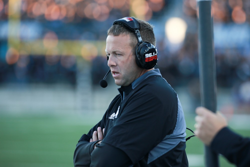 GVL / Kevin Sielaff     Head coach Matt Mitchell contemplates the score. Grand Valley State University squares off against Ferris State University Sept. 19 at Lubbers Stadium in Allendale. The Lakers were defeated, with a final score of 61-24.