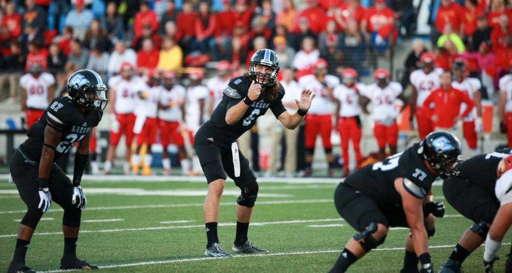 GVL / Kevin Sielaff     Bart Williams (6) calls for a certain play. Grand Valley State University squares off against Ferris State University Sept. 19 at Lubbers Stadium in Allendale. The Lakers were defeated, with a final score of 61-24.