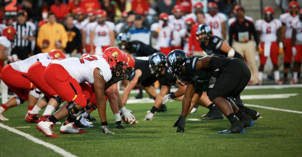 GVL / Kevin Sielaff     Grand Valley State University squares off against Ferris State University Sept. 19 at Lubbers Stadium in Allendale. The Lakers were defeated, with a final score of 61-24.