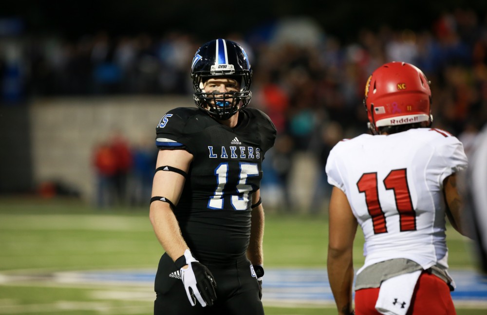 GVL / Kevin Sielaff    Jamie Potts (15) looks toward the Grand Valley bench.  Grand Valley State University squares off against Ferris State University Sept. 19 at Lubbers Stadium in Allendale. The Lakers were defeated, with a final score of 61-24.