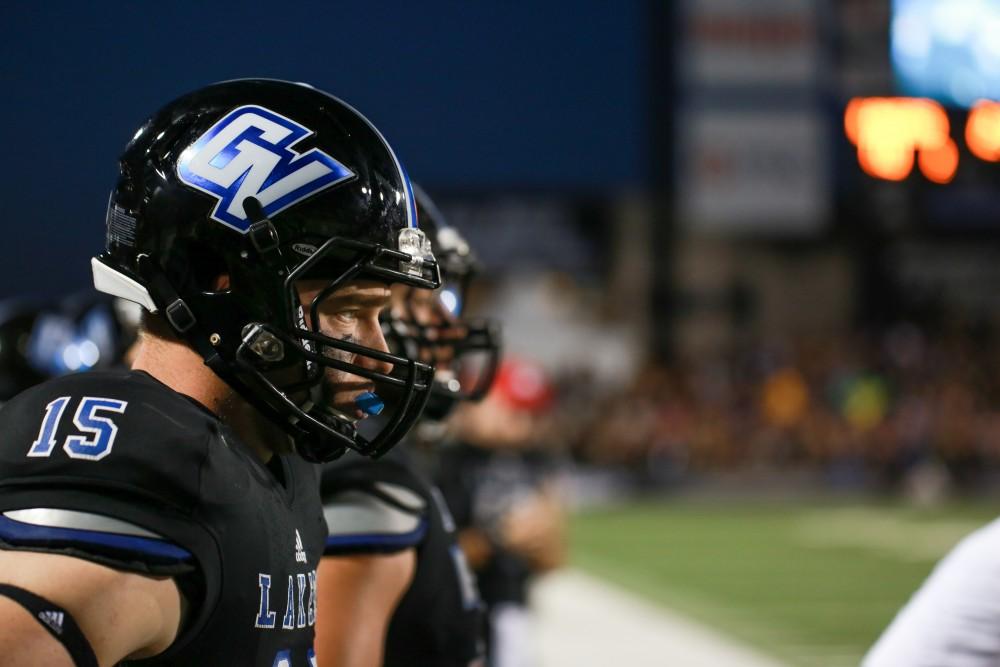 GVL / Kevin Sielaff     Jamie Potts (15) examines the play. Grand Valley State University squares off against Ferris State University Sept. 19 at Lubbers Stadium in Allendale. The Lakers were defeated, with a final score of 61-24.