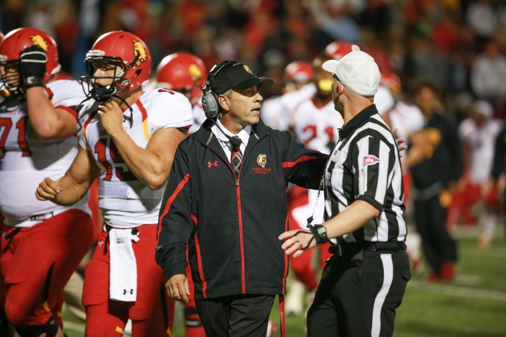 GVL / Kevin Sielaff     Ferris' head coach Tony Annese debates with the referees.  Grand Valley State University squares off against Ferris State University Sept. 19 at Lubbers Stadium in Allendale. The Lakers were defeated, with a final score of 61-24.