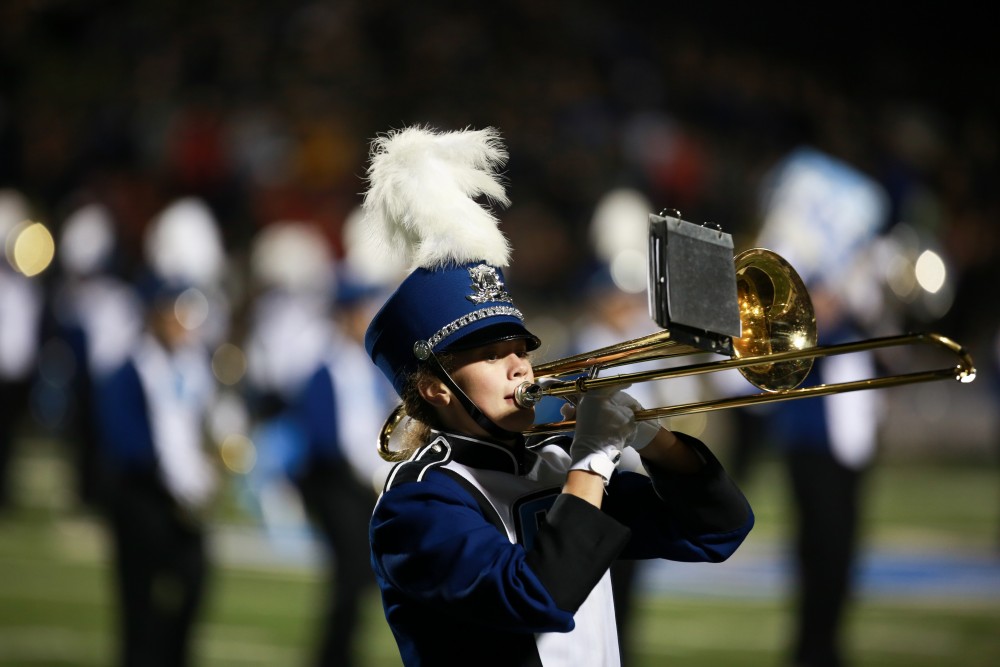 GVL / Kevin Sielaff     The Laker Marching Band takes the field during halftime. Grand Valley State University squares off against Ferris State University Sept. 19 at Lubbers Stadium in Allendale. The Lakers were defeated, with a final score of 61-24.