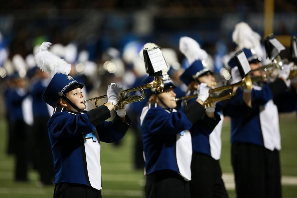 GVL / Kevin Sielaff     The Laker Marching Band takes the field during halftime. Grand Valley State University squares off against Ferris State University Sept. 19 at Lubbers Stadium in Allendale. The Lakers were defeated, with a final score of 61-24.