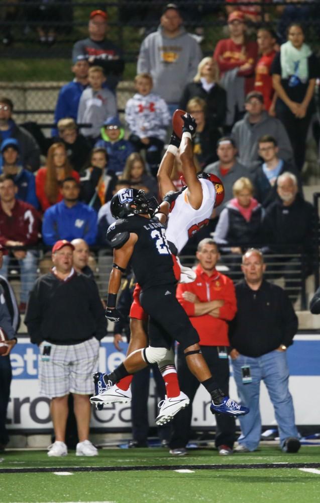 GVL / Kevin Sielaff     Tre Walton (28) looks to block a pass. Grand Valley State University squares off against Ferris State University Sept. 19 at Lubbers Stadium in Allendale. The Lakers were defeated, with a final score of 61-24.