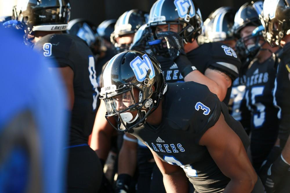 GVL / Kevin Sielaff     Brandon Bean (3) gets hyped up before the game. Grand Valley State University squares off against Ferris State University Sept. 19 at Lubbers Stadium in Allendale. The Lakers were defeated, with a final score of 61-24.