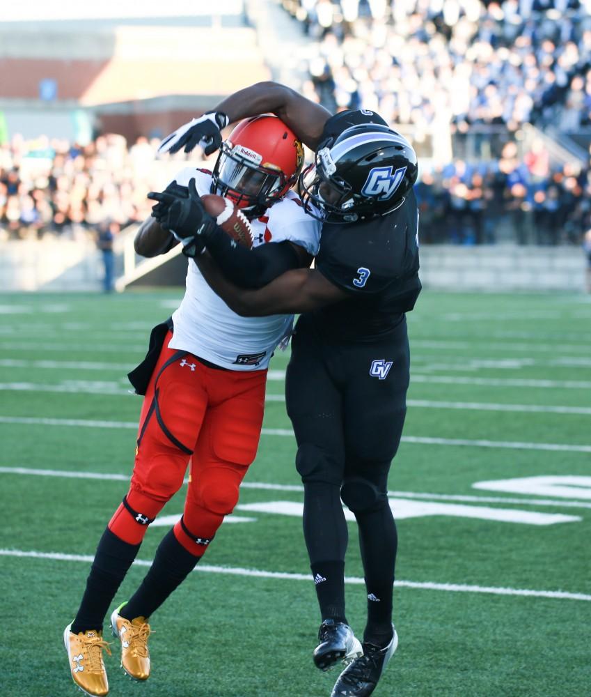 GVL / Kevin Sielaff     Brandon Bean (3) looks to recieve the ball, but gives up an interception. Grand Valley State University squares off against Ferris State University Sept. 19 at Lubbers Stadium in Allendale. The Lakers were defeated, with a final score of 61-24.