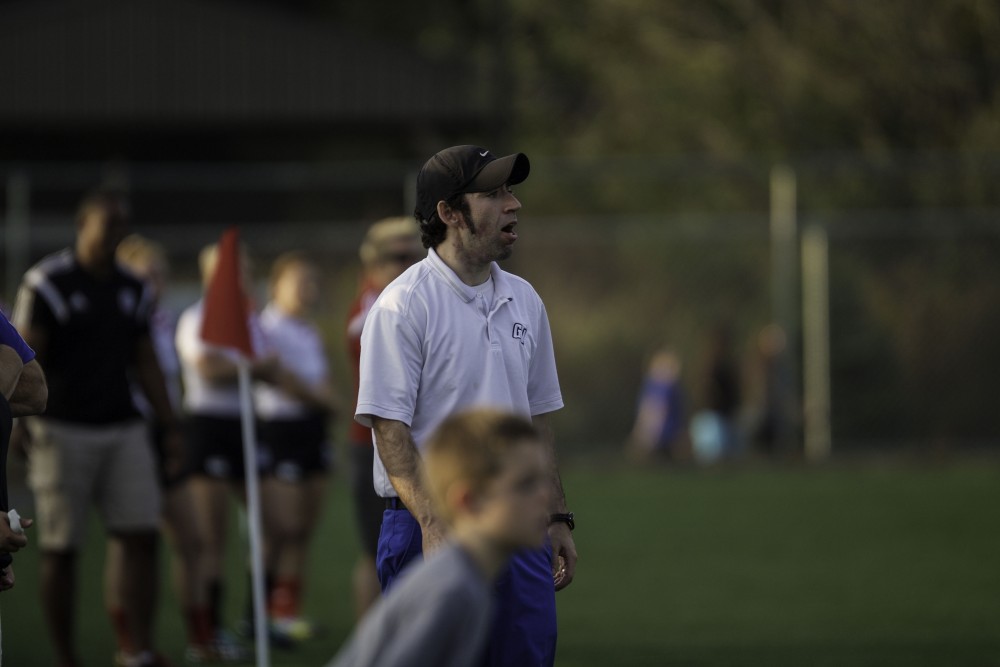 GVL / Sara Carte
Grand Valley’s Women’s Club Rugby coach, Abe Cohen, coaches his team from the side line on Friday night, September 4, 2015.