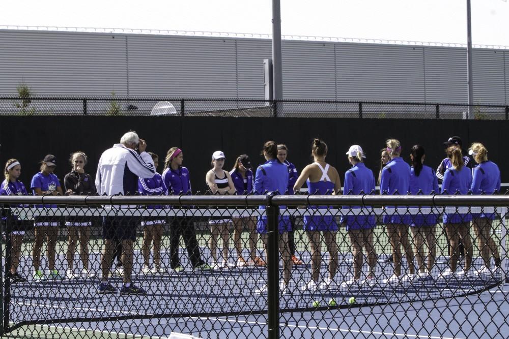 GVL / Sara Carte
Grand Valley’s Women’s Tennis team gets ready to go against Northwood University on Sunday, September 13, 2015. 