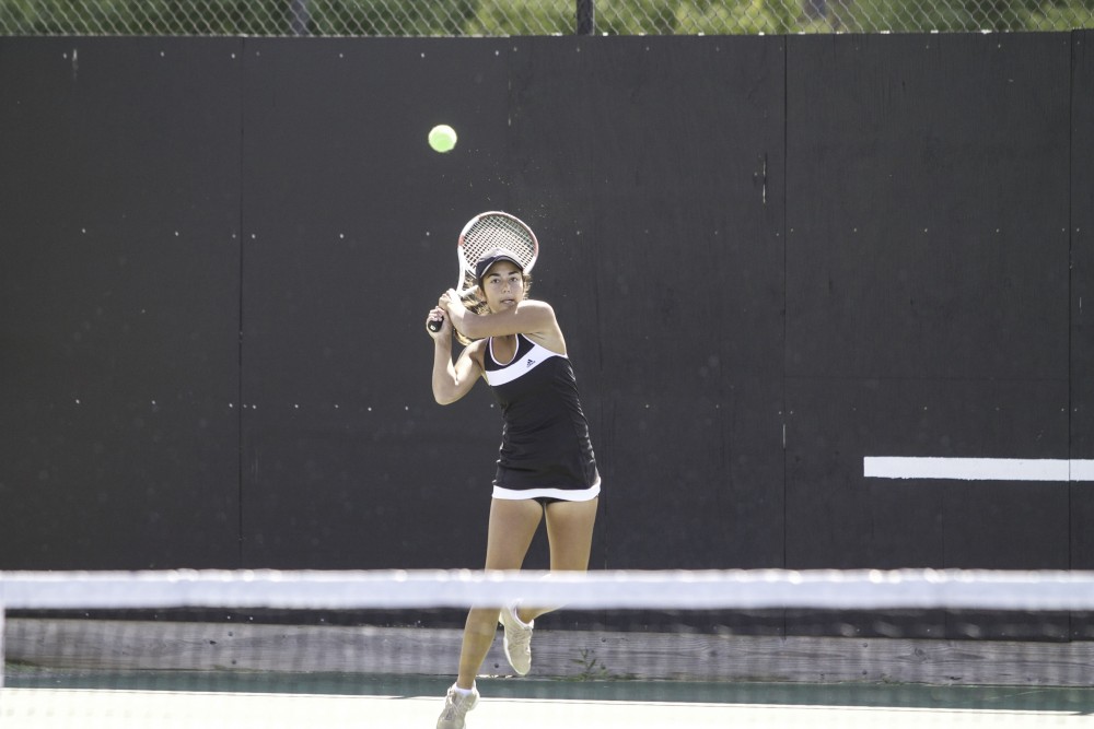 GVL / Sara Carte
Grand Valley’s Women’s Tennis player, Aimee Moccia, swings against Northwood University on Sunday, September 13, 2015.