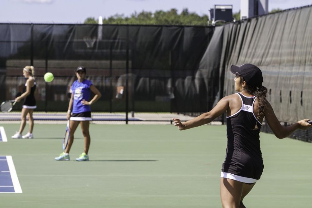 GVL / Sara Carte
Grand Valley Women’s Tennis player, Aimee Moccia, swings against Northwood University on Sunday, September 13, 2015.