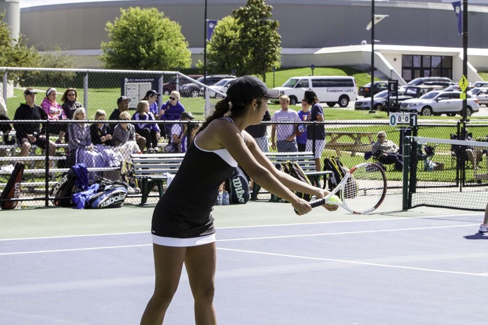 GVL / Sara Carte
Grand Valley’s Women’s Tennis player, Aimee Moccia, serves against Northwood University on Sunday, September 13, 2015.