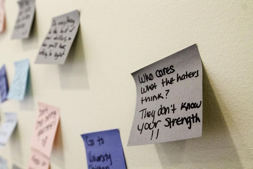 GVL / Sara Carte
An anonymous Grand Valley student shared a piece of their advice on the sticky note exhibit for Letters to Lakers, located in the Atrium level of Mary Idema Pew Library on Thursday, September 10, 2015.