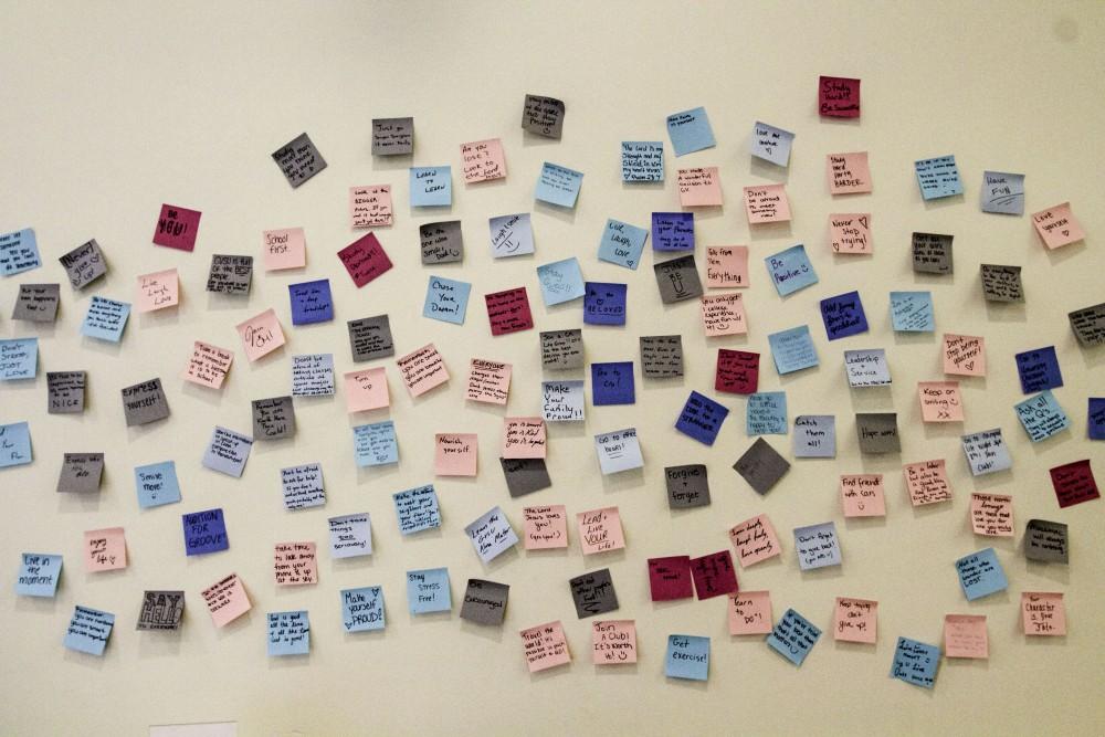 GVL / Sara Carte
The Letters to Lakers sticky note exhibit is open to all students to share a pice of advice with fellow Lakers in the Atrium level of the Mary Idema Pew Library on Thursday, September 10, 2015.