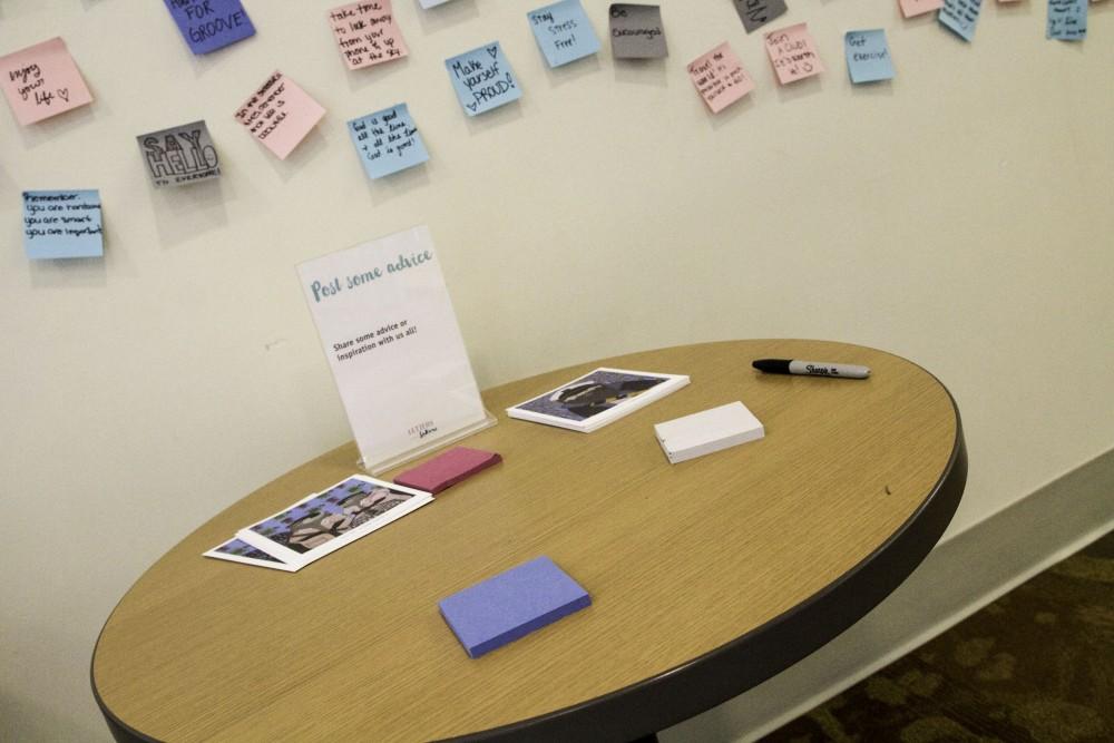 GVL / Sara Carte
The Letters to Lakers sticky note exhibit is open to all students to share a pice of advice with fellow Lakers in the Atrium level of the Mary Idema Pew Library on Thursday, September 10, 2015.