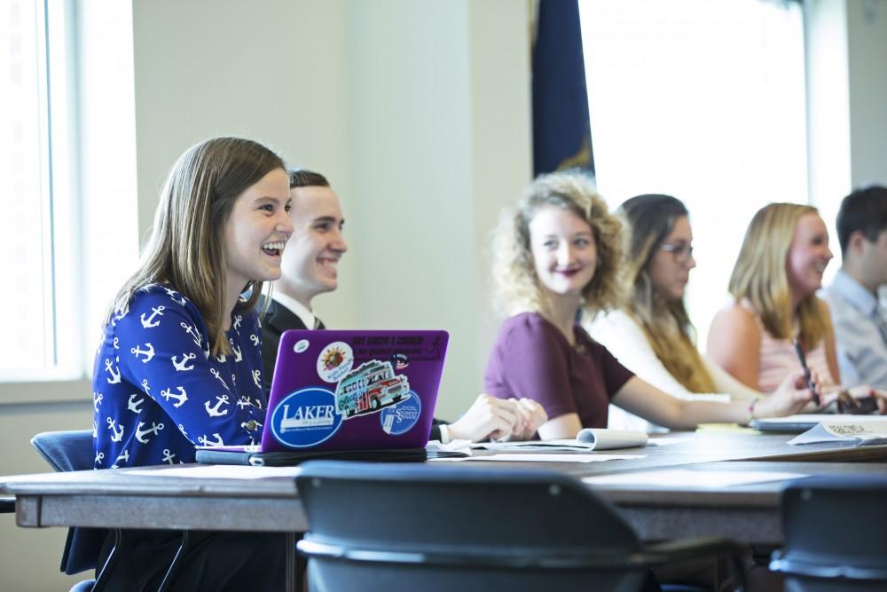 GVL / Kevin Sielaff  
Ella Fritzmeier speaks to the Student Senate senators. The Student Senate convenes Sept. 3 inside the Kirkhoff Center at Grand Valley's Allendale campus. 