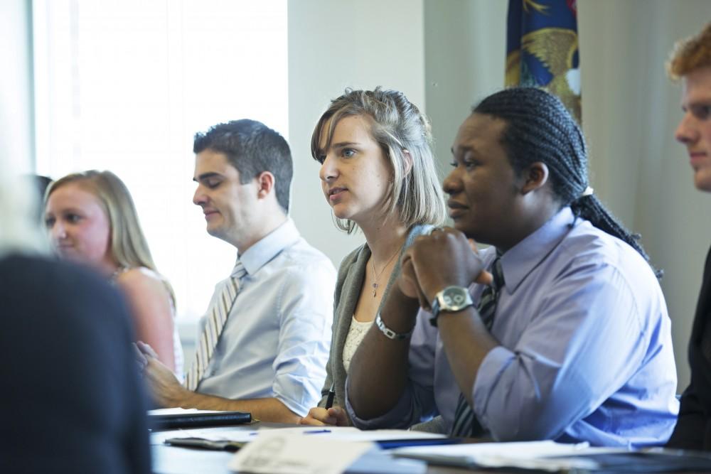 GVL / Kevin Sielaff    
Maria Beelen addresses the senators. The Student Senate convenes Sept. 3 inside the Kirkhoff Center at Grand Valley's Allendale campus. 