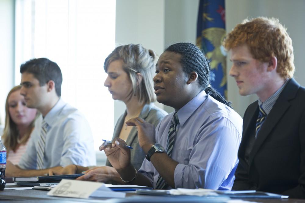 GVL / Kevin Sielaff    
Lawrence Williams speaks to the senators. The Student Senate convenes Sept. 3 inside the Kirkhoff Center at Grand Valley's Allendale campus. 