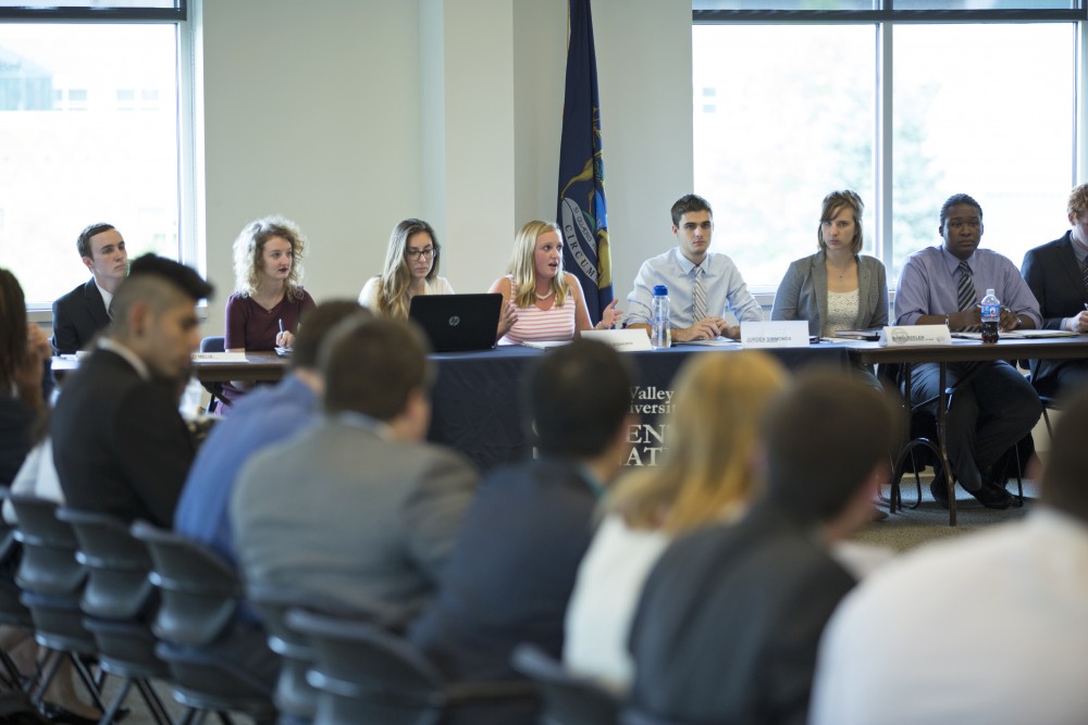 GVL / Kevin Sielaff    
President Maddie Cleghorn addresses the senators. The Student Senate convenes Sept. 3 inside the Kirkhoff Center at Grand Valley's Allendale campus.