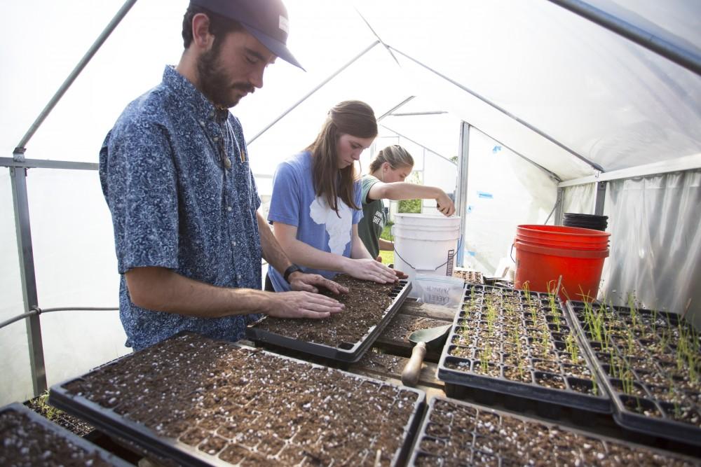 GVL / Kevin Sielaff
Austin VanDyke and Skyla Snarski work in a greenhouse planting seeds on Sept. 15. Grand Valley's Sustainable Agriculture Project aims to promote local awareness concerning the environment and sustainability efforts. 