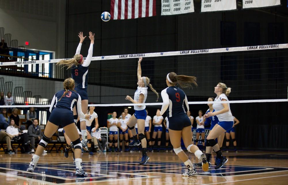 GVL / Kevin Sielaff     The Laker Vollyeball team squares off against SVSU Sept. 19 inside the Fieldhouse Arena in Allendale. The Lakers defeated SVSU by a margin of 3-1.