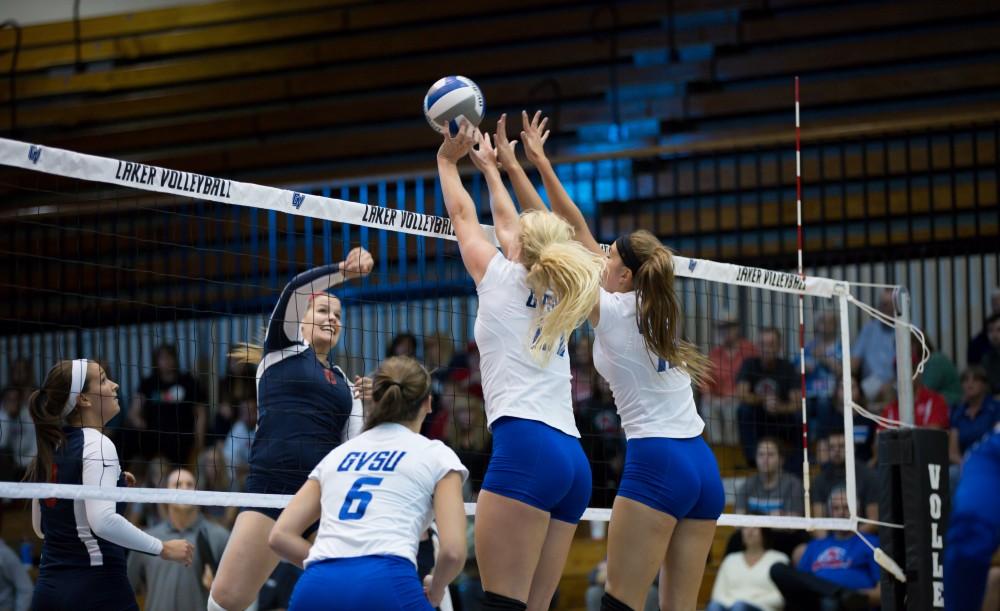 GVL / Kevin Sielaff     The Laker Vollyeball team squares off against SVSU Sept. 19 inside the Fieldhouse Arena in Allendale. The Lakers defeated SVSU by a margin of 3-1.