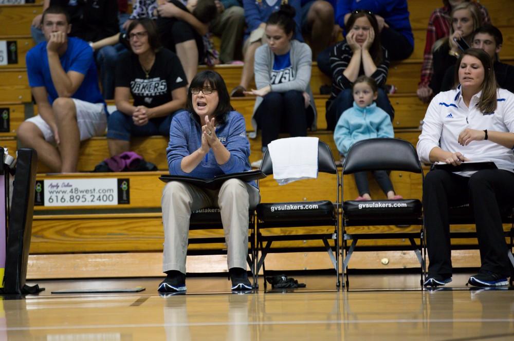 GVL / Kevin Sielaff     Head coach Deanne Scanlon cheers her team on. The Laker Vollyeball team squares off against SVSU Sept. 19 inside the Fieldhouse Arena in Allendale. The Lakers defeated SVSU by a margin of 3-1.