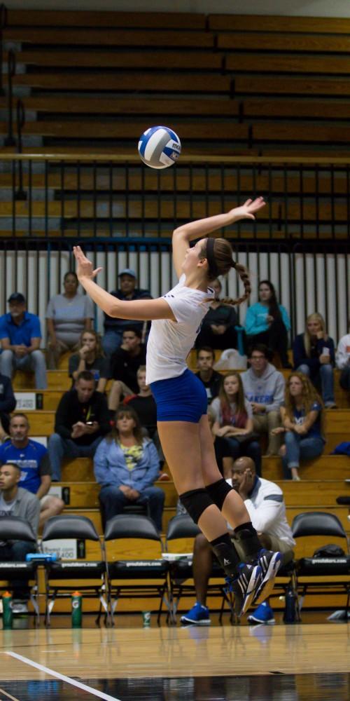 GVL / Kevin Sielaff     Betsy Rhonda (6) jumps up for a spike. The Laker Vollyeball team squares off against SVSU Sept. 19 inside the Fieldhouse Arena in Allendale. The Lakers defeated SVSU by a margin of 3-1.