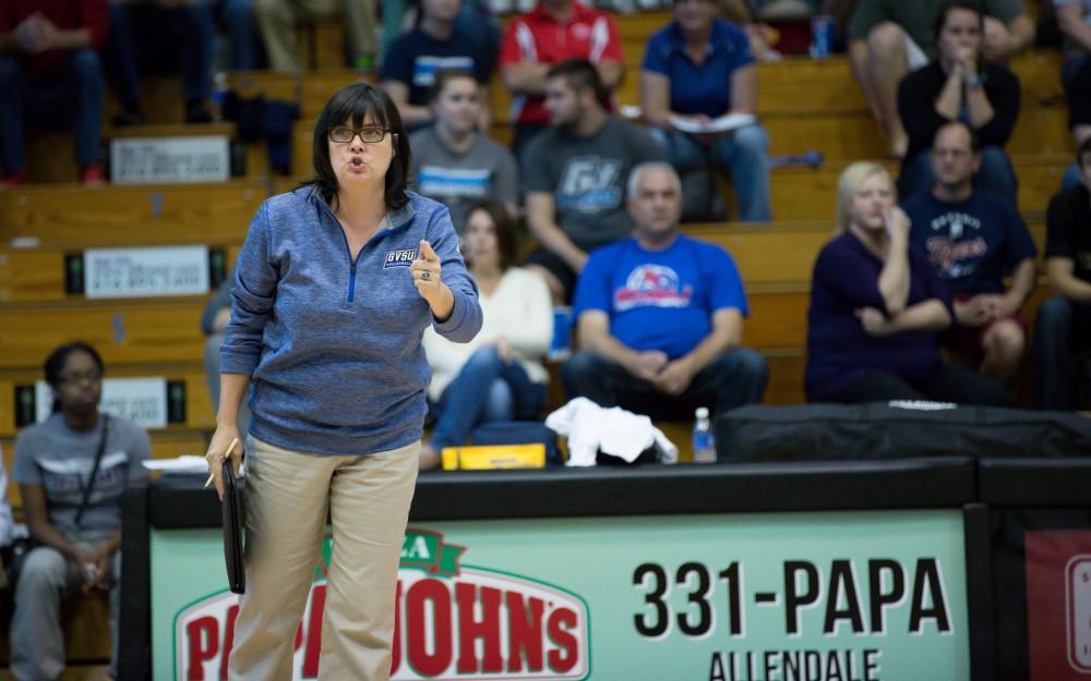 GVL / Kevin Sielaff     Head cocach Deanne Scanlon shouts orders to her team. The Laker Vollyeball team squares off against SVSU Sept. 19 inside the Fieldhouse Arena in Allendale. The Lakers defeated SVSU by a margin of 3-1.