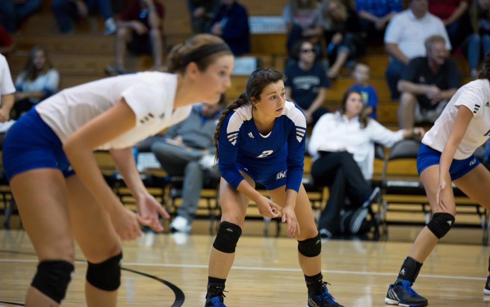 GVL / Kevin Sielaff     Taylor Shomin anticipates the ball. The Laker Vollyeball team squares off against SVSU Sept. 19 inside the Fieldhouse Arena in Allendale. The Lakers defeated SVSU by a margin of 3-1.