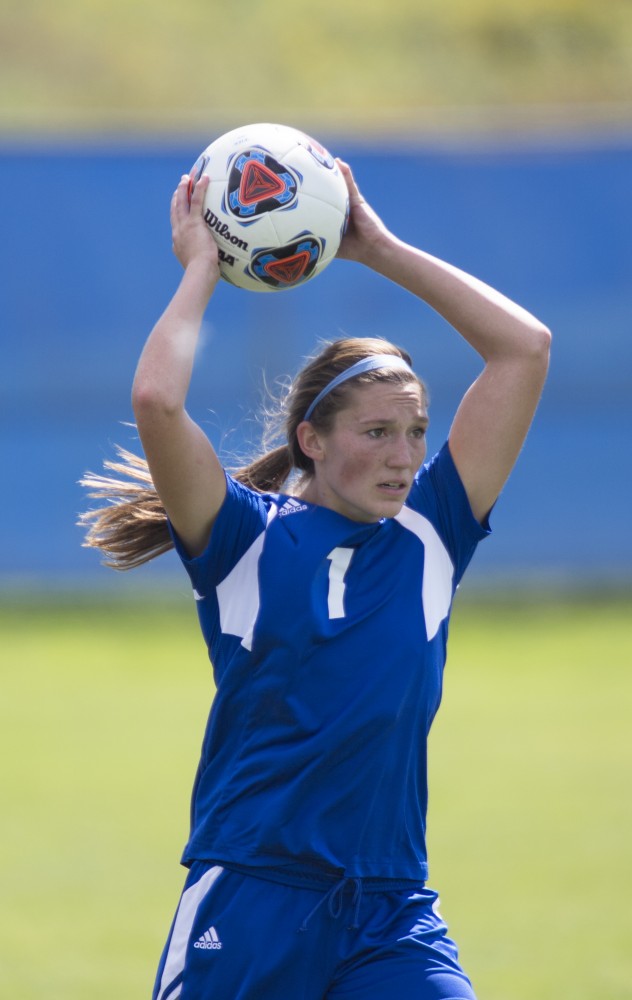 GVL/Kevin Sielaff
Clare Carlson looks to throw the ball inbounds. Grand Valley's women's soccer team defeats #4 ranked Minnesota State by a score of 2-1 Sept. 13. 