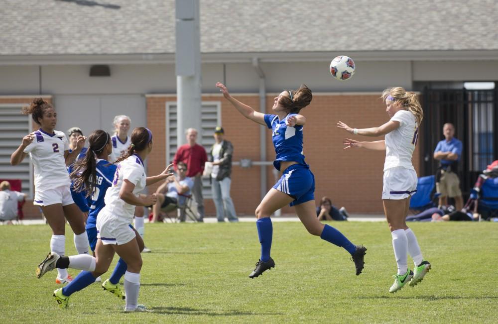 GVL/Kevin Sielaff
Samantha Riga heads the ball toward the goal. Grand Valley's women's soccer team defeats #4 ranked Minnesota State by a score of 2-1 Sept. 13. 