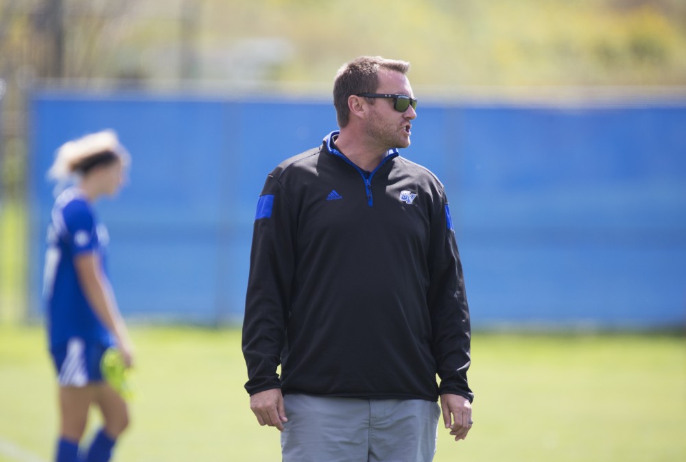 GVL/Kevin Sielaff
Head coach Jeff Hosler spekas to his players on the field. Grand Valley's women's soccer team defeats #4 ranked Minnesota State by a score of 2-1 Sept. 13. 