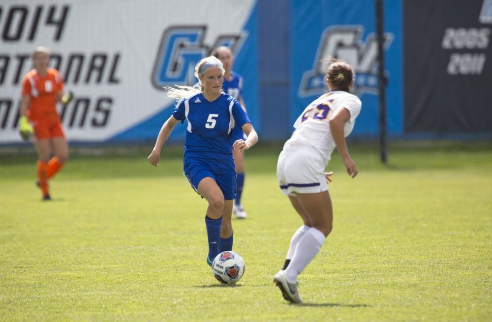 GVL/Kevin Sielaff
Kendra Stauffer dribbles the ball upfield. Grand Valley's women's soccer team defeats #4 ranked Minnesota State by a score of 2-1 Sept. 13. 