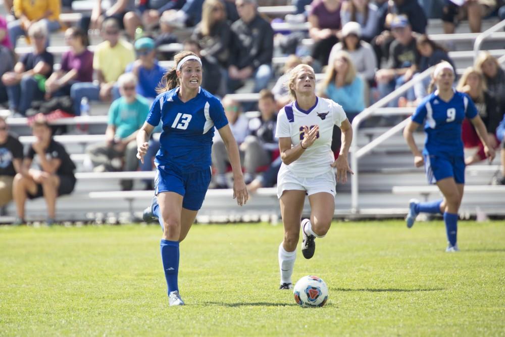 GVL/Kevin Sielaff
Marti Corby races upfield toward Minnesota's net. Grand Valley's women's soccer team defeats #4 ranked Minnesota State by a score of 2-1 Sept. 13. 