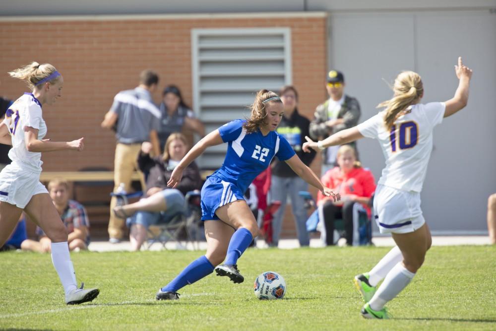 GVL/Kevin Sielaff
Samantha Riga drives the ball up the sideline. Grand Valley's women's soccer team defeats #4 ranked Minnesota State by a score of 2-1 Sept. 13. 