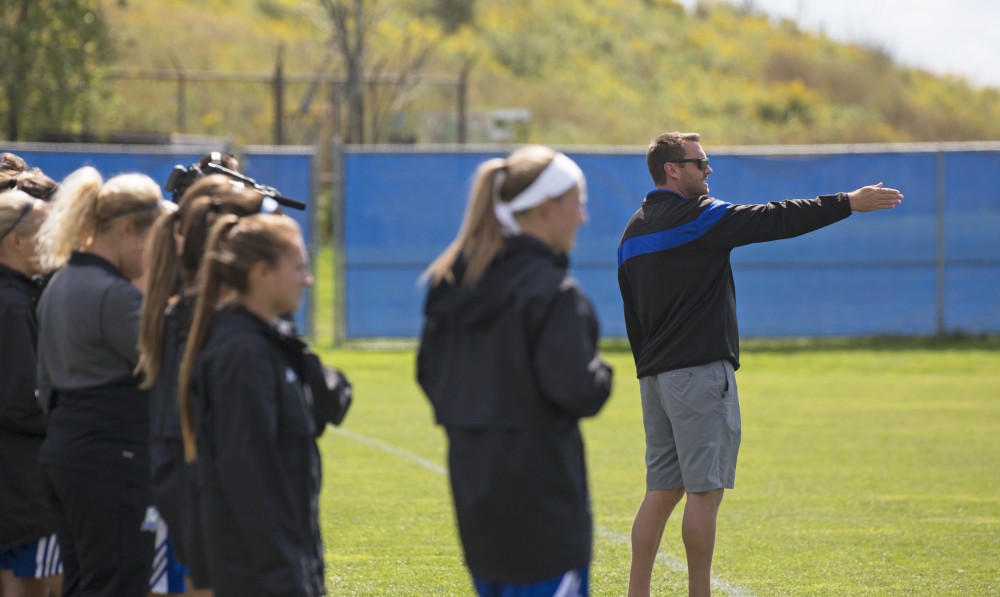 GVL/Kevin Sielaff
Head coach Jeff Hosler spekas to his players on the field. Grand Valley's women's soccer team defeats #4 ranked Minnesota State by a score of 2-1 Sept. 13.