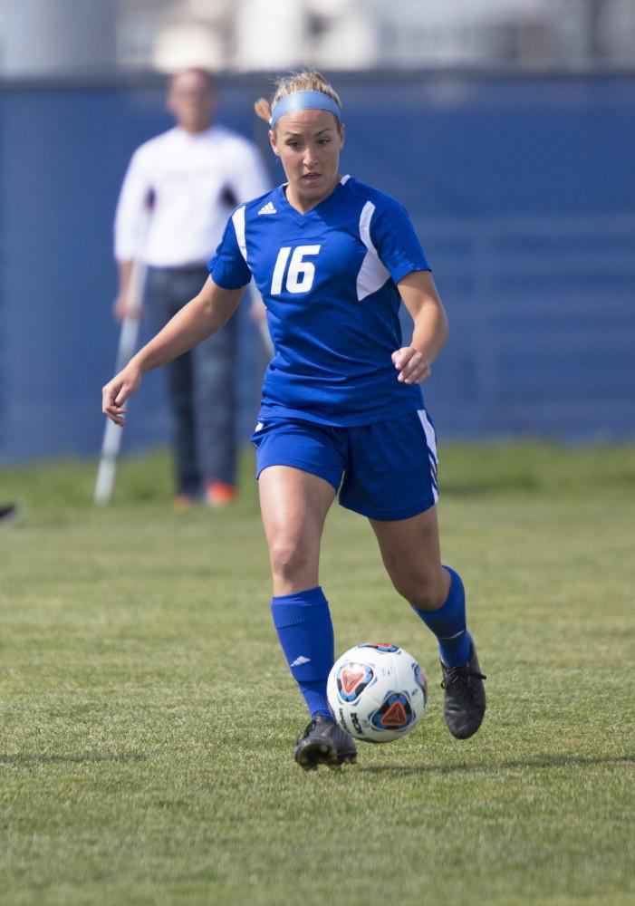 GVL/Kevin Sielaff
Dani Johnson moves the ball upfield. Grand Valley's women's soccer team defeats #4 ranked Minnesota State by a score of 2-1 Sept. 13.