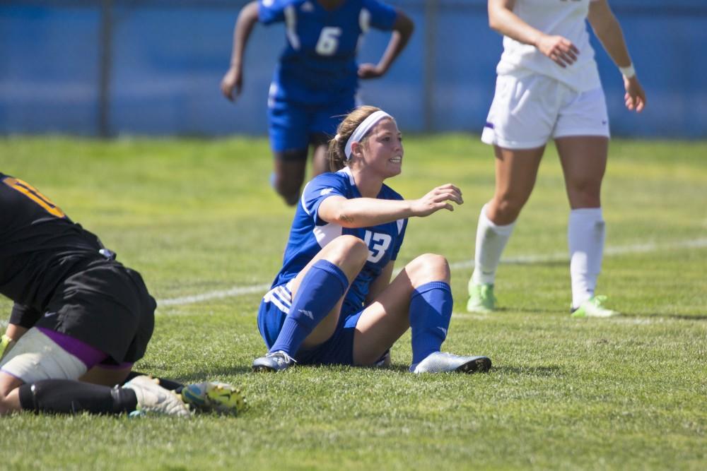 GVL/Kevin Sielaff
Marti Corby celebrates a goal. Grand Valley's women's soccer team defeats #4 ranked Minnesota State by a score of 2-1 Sept. 13. 