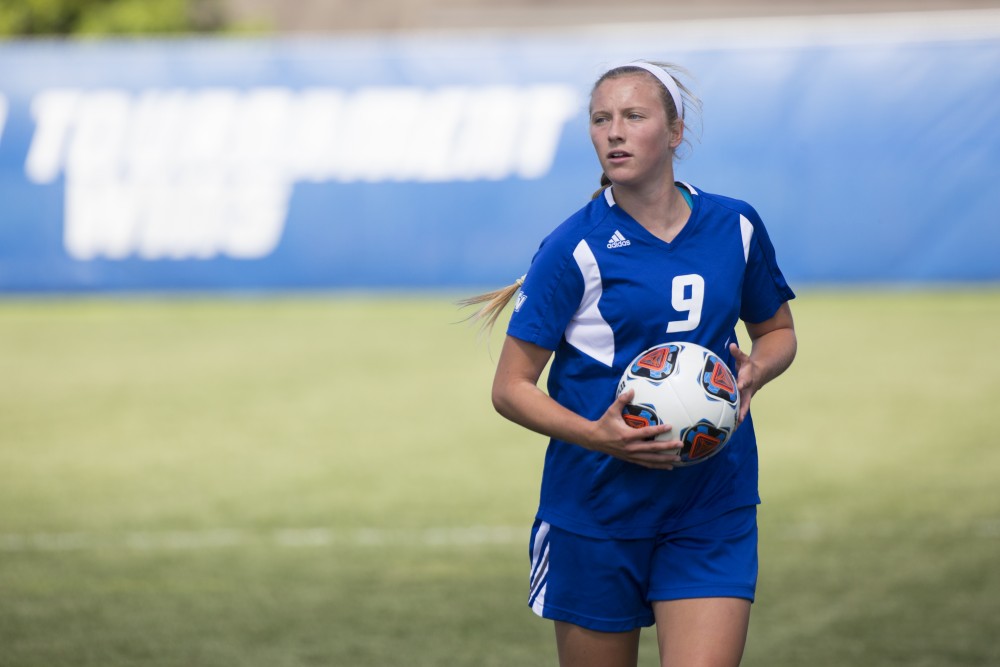 GVL/Kevin Sielaff
Madz Ham looks to throw the ball into play. Grand Valley's women's soccer team defeats #4 ranked Minnesota State by a score of 2-1 Sept. 13. 