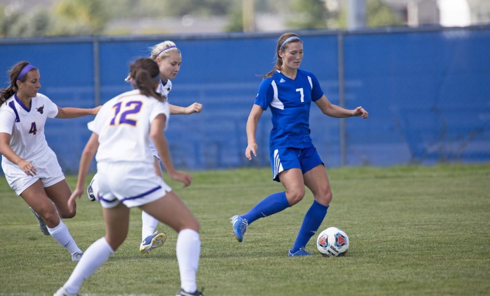 GVL/Kevin Sielaff
Clare Carlson clears the ball from Grand Valley's zone. Grand Valley's women's soccer team defeats #4 ranked Minnesota State by a score of 2-1 Sept. 13. 