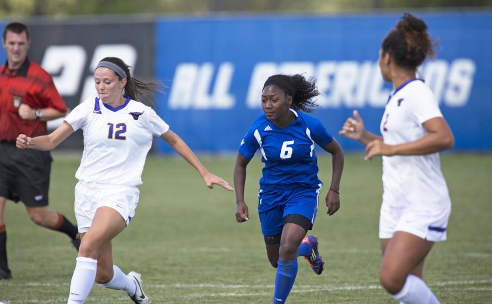 GVL/Kevin Sielaff
Katie Bounds chases after the ball. Grand Valley's women's soccer team defeats #4 ranked Minnesota State by a score of 2-1 Sept. 13. 