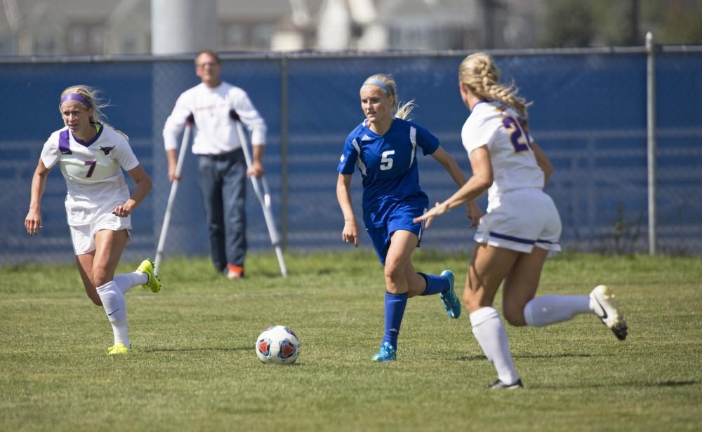 GVL/Kevin Sielaff
Kendra Stauffer moves the ball toward midfield. Grand Valley's women's soccer team defeats #4 ranked Minnesota State by a score of 2-1 Sept. 13. 