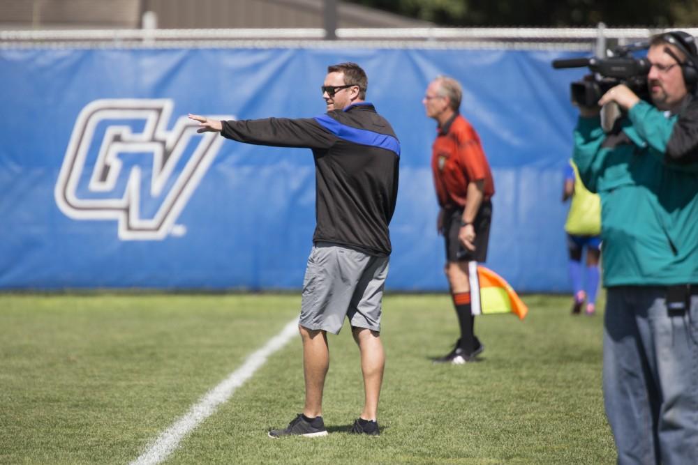 GVL/Kevin Sielaff
Head coach Jeff Hosler directs his team. Grand Valley's women's soccer team defeats #4 ranked Minnesota State by a score of 2-1 Sept. 13. 