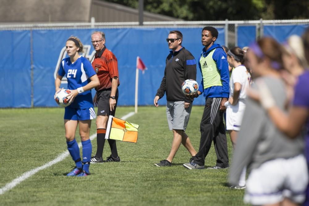 GVL/Kevin Sielaff
Head coach Jeff Hosler directs his team. Grand Valley's women's soccer team defeats #4 ranked Minnesota State by a score of 2-1 Sept. 13.