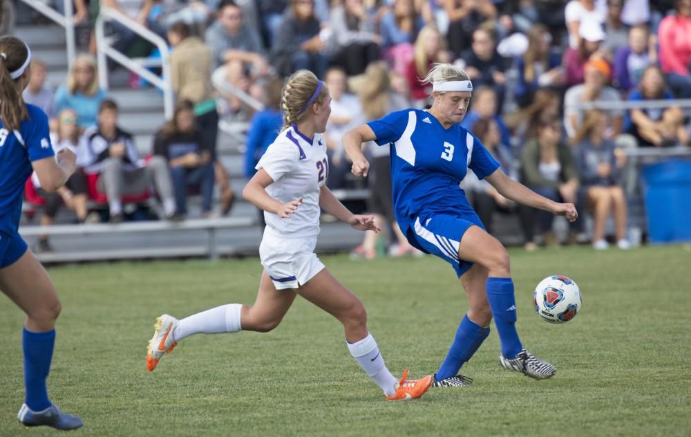 GVL/Kevin Sielaff
Defender Gabbie Guibord clears the ball. Grand Valley's women's soccer team defeats #4 ranked Minnesota State by a score of 2-1 Sept. 13. 