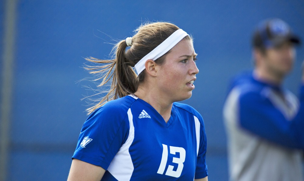 GVL/Kevin Sielaff
Marty Corbi takes a breather in Grand Valley's zone. Grand Valley's women's soccer team defeats #4 ranked Minnesota State by a score of 2-1 Sept. 13. 