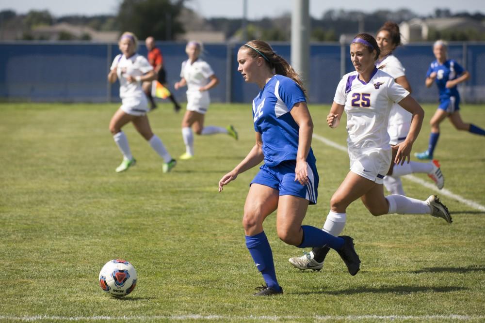 GVL/Kevin Sielaff
Samantha Riga dribbles downfield. Grand Valley's women's soccer team defeats #4 ranked Minnesota State by a score of 2-1 Sept. 13. 